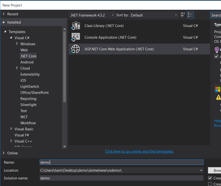 Create .NETCore web application from Visual Studio